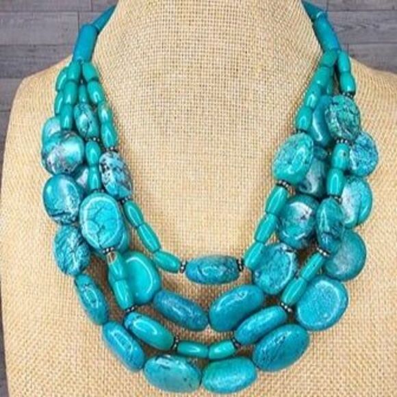 Natural Dark Teal Jadeite Stone Multi Strand Layered Necklace HEAVY 17"L - Picture 2 of 4